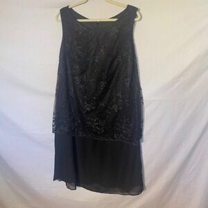 Black Floral Lace Overlay Layered Midi Dress Sleeveless Round Neck Size 14/8
